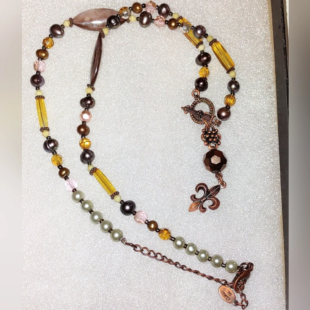 Fleur-de-lis Copper Color Brown & Yellow Gold Bead Necklace Cookie Lee Brand